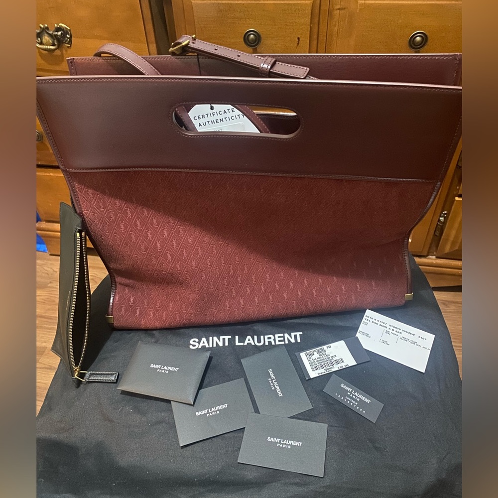 Ysl le monogramme suede convertible tote with pouch inside not removable
